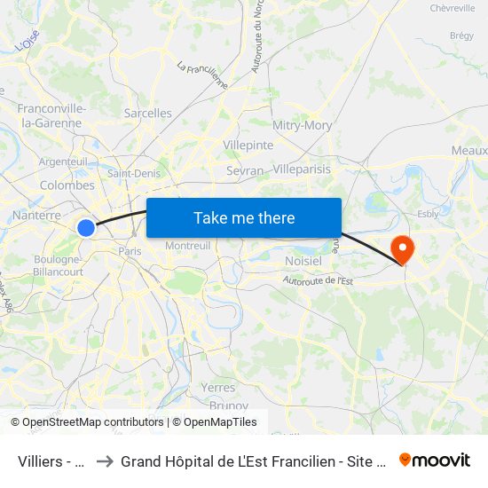 Villiers - Bineau to Grand Hôpital de L'Est Francilien - Site de Marne-La-Vallée map