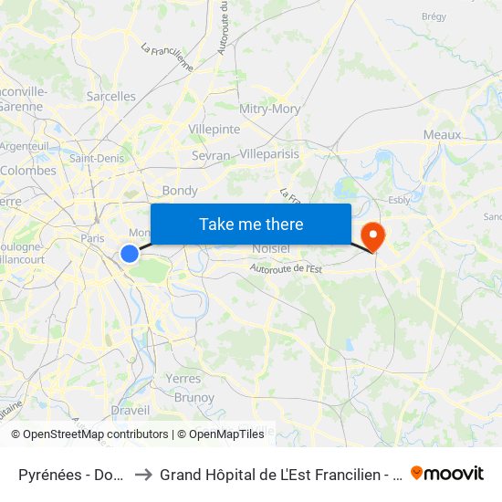 Pyrénées - Docteur Netter to Grand Hôpital de L'Est Francilien - Site de Marne-La-Vallée map