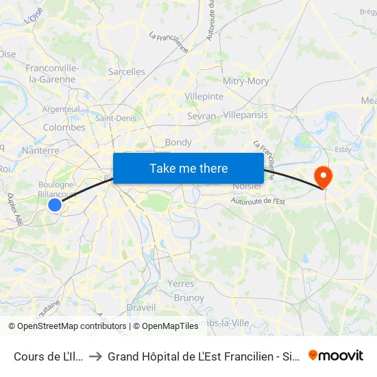 Cours de L'Ile Seguin to Grand Hôpital de L'Est Francilien - Site de Marne-La-Vallée map