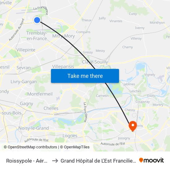 Roissypole - Aéroport Cdg1 (G1) to Grand Hôpital de L'Est Francilien - Site de Marne-La-Vallée map