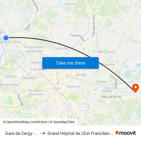 Gare de Cergy Préfecture (C) to Grand Hôpital de L'Est Francilien - Site de Marne-La-Vallée map