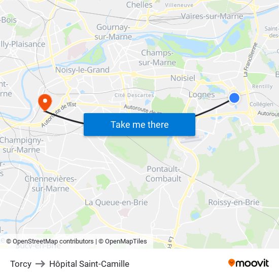 Torcy to Hôpital Saint-Camille map