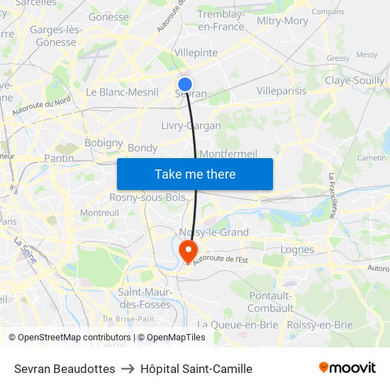 Sevran Beaudottes to Hôpital Saint-Camille map