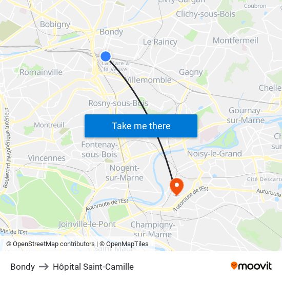 Bondy to Hôpital Saint-Camille map