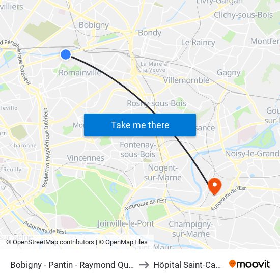Bobigny - Pantin - Raymond Queneau to Hôpital Saint-Camille map