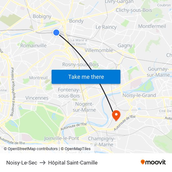 Noisy-Le-Sec to Hôpital Saint-Camille map