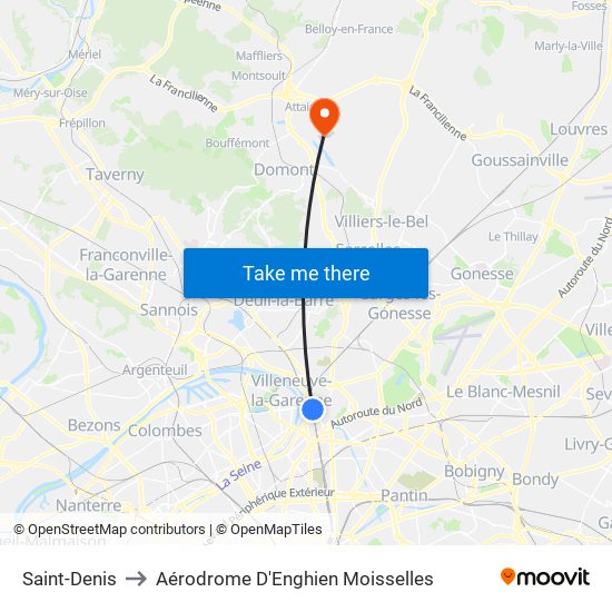 Saint-Denis to Aérodrome D'Enghien Moisselles map