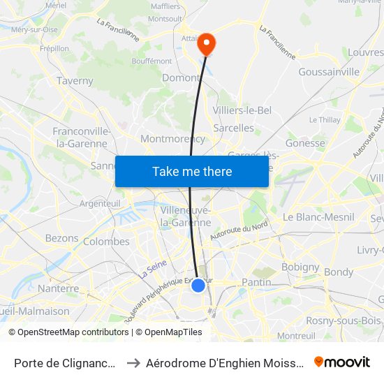 Porte de Clignancourt to Aérodrome D'Enghien Moisselles map