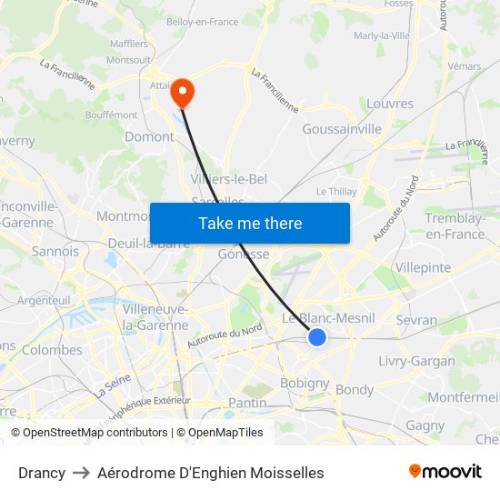 Drancy to Aérodrome D'Enghien Moisselles map