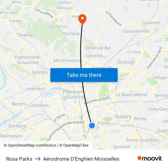 Rosa Parks to Aérodrome D'Enghien Moisselles map