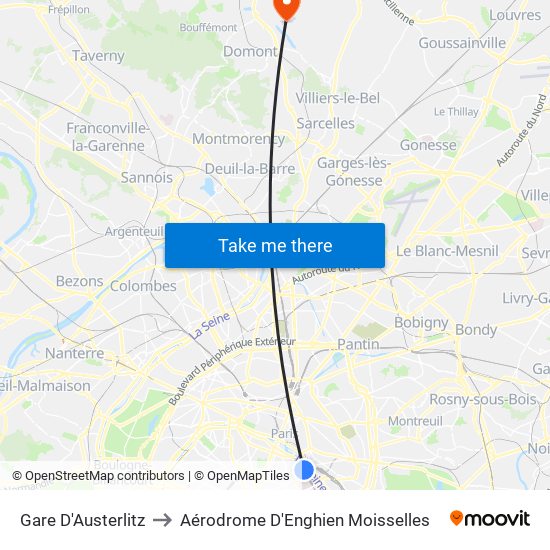 Gare D'Austerlitz to Aérodrome D'Enghien Moisselles map