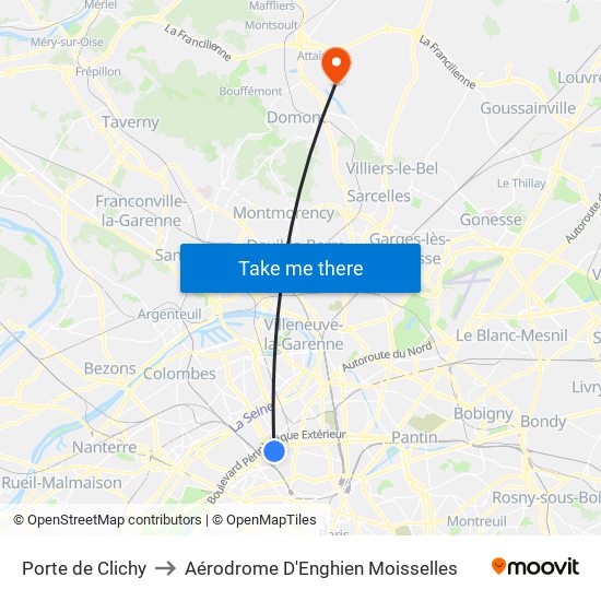 Porte de Clichy to Aérodrome D'Enghien Moisselles map