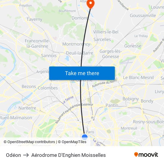 Odéon to Aérodrome D'Enghien Moisselles map
