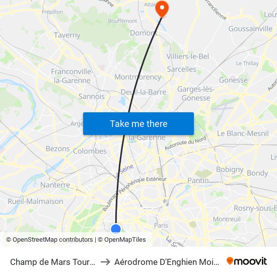 Champ de Mars Tour Eiffel to Aérodrome D'Enghien Moisselles map