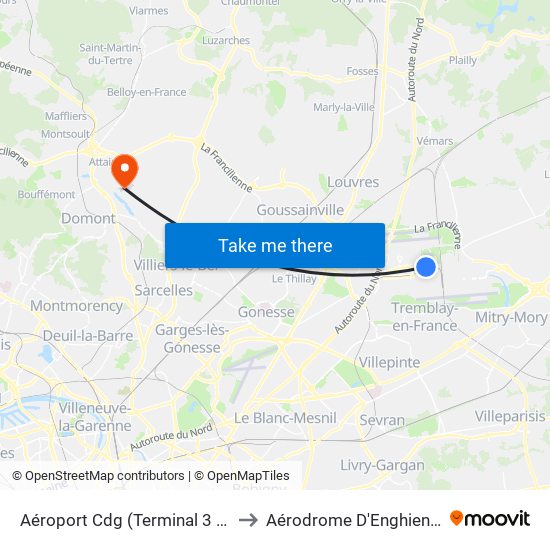 Aéroport Cdg (Terminal 3 – Roissypôle) to Aérodrome D'Enghien Moisselles map