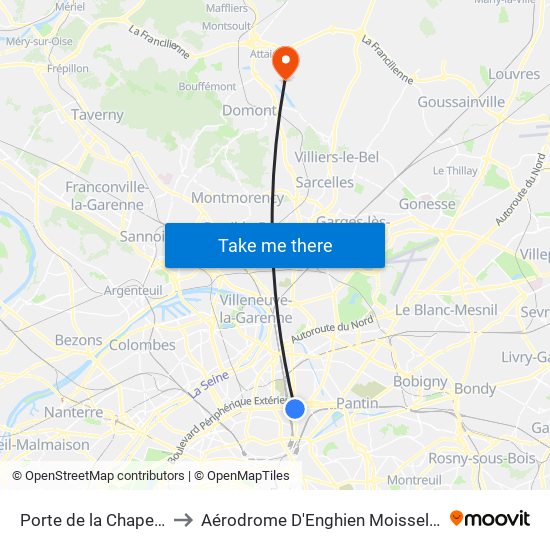 Porte de la Chapelle to Aérodrome D'Enghien Moisselles map