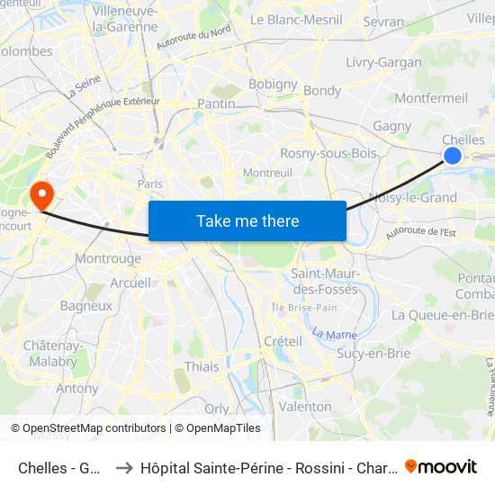 Chelles - Gournay to Hôpital Sainte-Périne - Rossini - Chardon-Lagache map