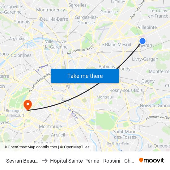 Sevran Beaudottes to Hôpital Sainte-Périne - Rossini - Chardon-Lagache map