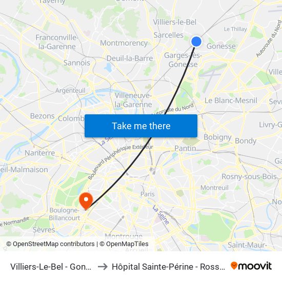 Villiers-Le-Bel - Gonesse - Arnouville to Hôpital Sainte-Périne - Rossini - Chardon-Lagache map