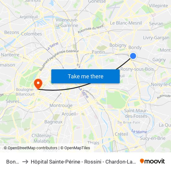 Bondy to Hôpital Sainte-Périne - Rossini - Chardon-Lagache map