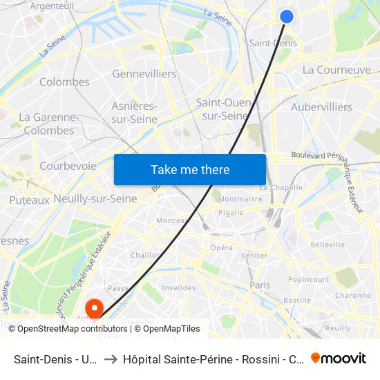 Saint-Denis - Université to Hôpital Sainte-Périne - Rossini - Chardon-Lagache map