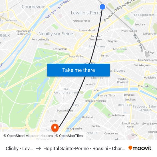 Clichy - Levallois to Hôpital Sainte-Périne - Rossini - Chardon-Lagache map