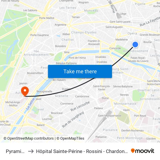 Pyramides to Hôpital Sainte-Périne - Rossini - Chardon-Lagache map