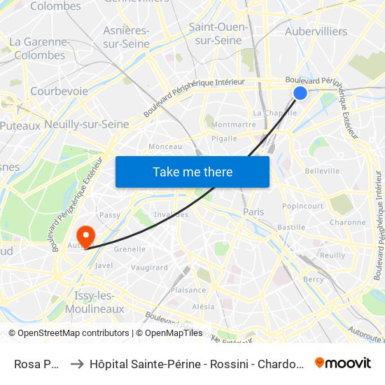 Rosa Parks to Hôpital Sainte-Périne - Rossini - Chardon-Lagache map