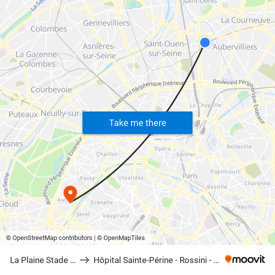 La Plaine Stade de France to Hôpital Sainte-Périne - Rossini - Chardon-Lagache map