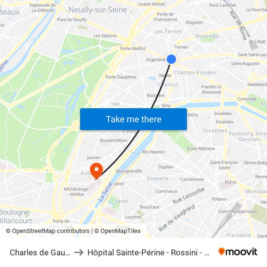 Charles de Gaulle Etoile to Hôpital Sainte-Périne - Rossini - Chardon-Lagache map