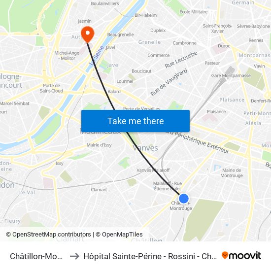Châtillon-Montrouge to Hôpital Sainte-Périne - Rossini - Chardon-Lagache map