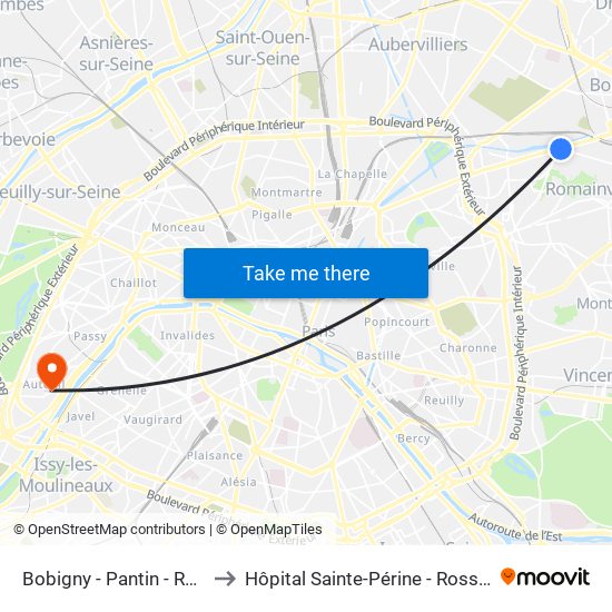 Bobigny - Pantin - Raymond Queneau to Hôpital Sainte-Périne - Rossini - Chardon-Lagache map