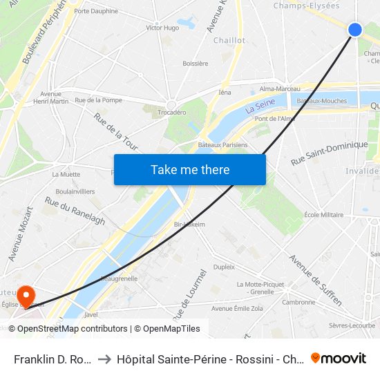 Franklin D. Roosevelt to Hôpital Sainte-Périne - Rossini - Chardon-Lagache map