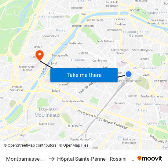 Montparnasse-Bienvenue to Hôpital Sainte-Périne - Rossini - Chardon-Lagache map