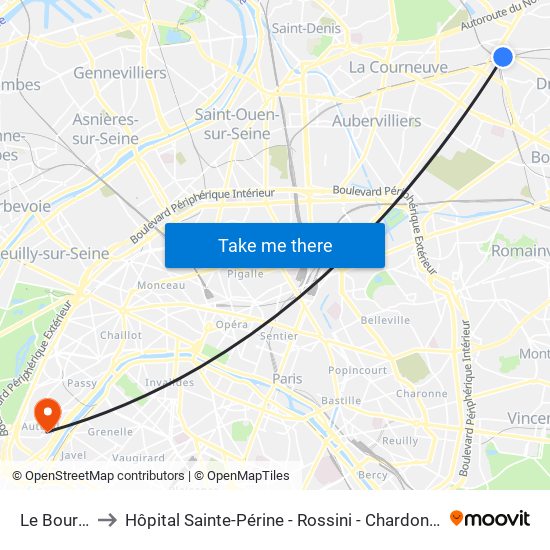 Le Bourget to Hôpital Sainte-Périne - Rossini - Chardon-Lagache map