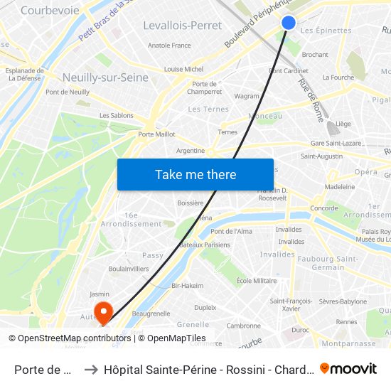 Porte de Clichy to Hôpital Sainte-Périne - Rossini - Chardon-Lagache map