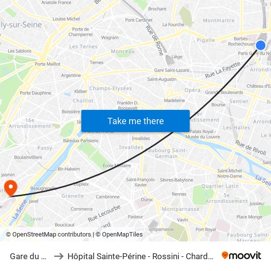 Gare du Nord to Hôpital Sainte-Périne - Rossini - Chardon-Lagache map