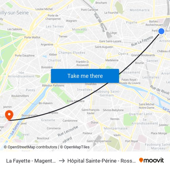 La Fayette - Magenta - Gare du Nord to Hôpital Sainte-Périne - Rossini - Chardon-Lagache map