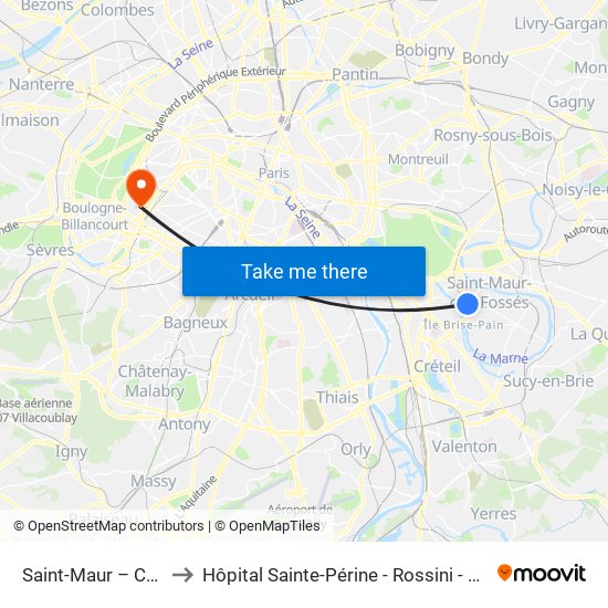 Saint-Maur – Créteil RER to Hôpital Sainte-Périne - Rossini - Chardon-Lagache map