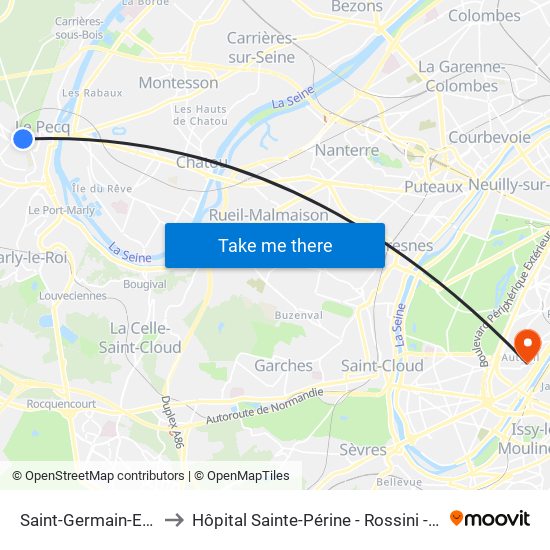 Saint-Germain-En-Laye RER to Hôpital Sainte-Périne - Rossini - Chardon-Lagache map