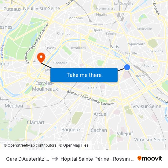 Gare D'Austerlitz - Cour Seine to Hôpital Sainte-Périne - Rossini - Chardon-Lagache map