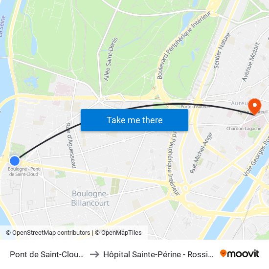 Pont de Saint-Cloud - Albert Kahn to Hôpital Sainte-Périne - Rossini - Chardon-Lagache map