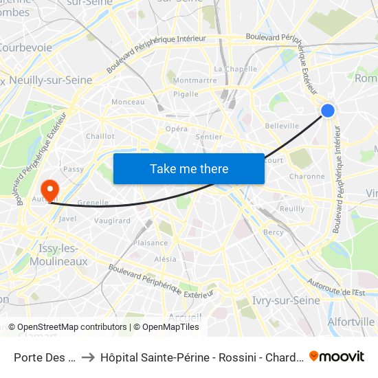 Porte Des Lilas to Hôpital Sainte-Périne - Rossini - Chardon-Lagache map
