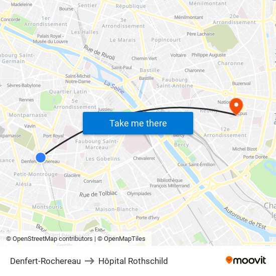 Denfert-Rochereau to Hôpital Rothschild map