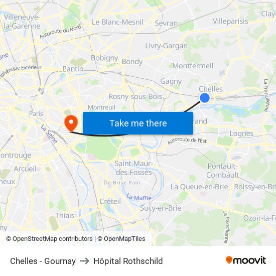 Chelles - Gournay to Hôpital Rothschild map