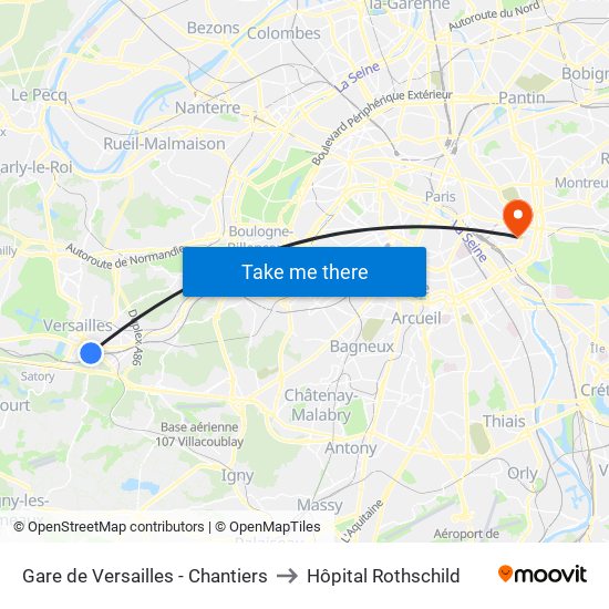 Gare de Versailles - Chantiers to Hôpital Rothschild map