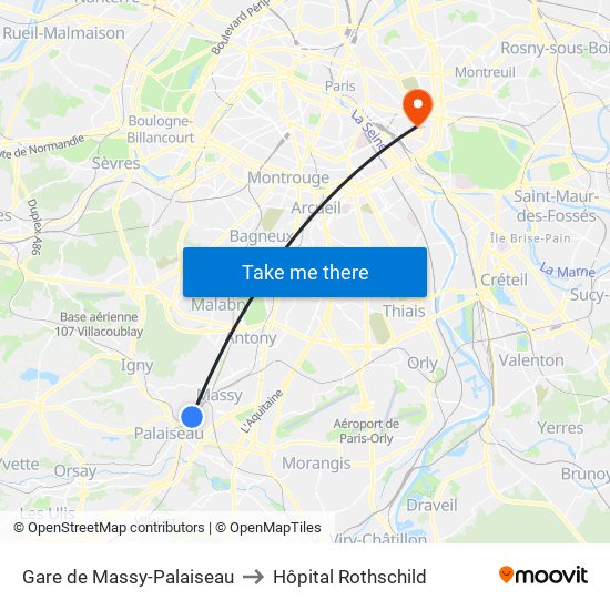 Gare de Massy-Palaiseau to Hôpital Rothschild map