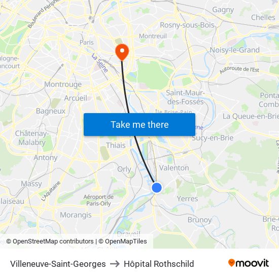 Villeneuve-Saint-Georges to Hôpital Rothschild map
