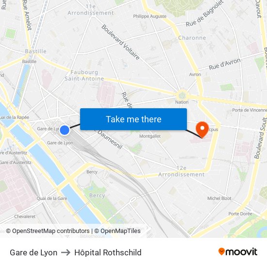 Gare de Lyon to Hôpital Rothschild map