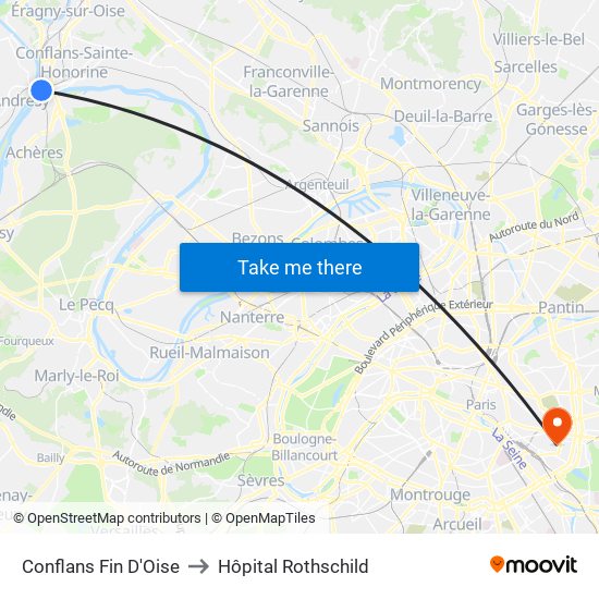 Conflans Fin D'Oise to Hôpital Rothschild map